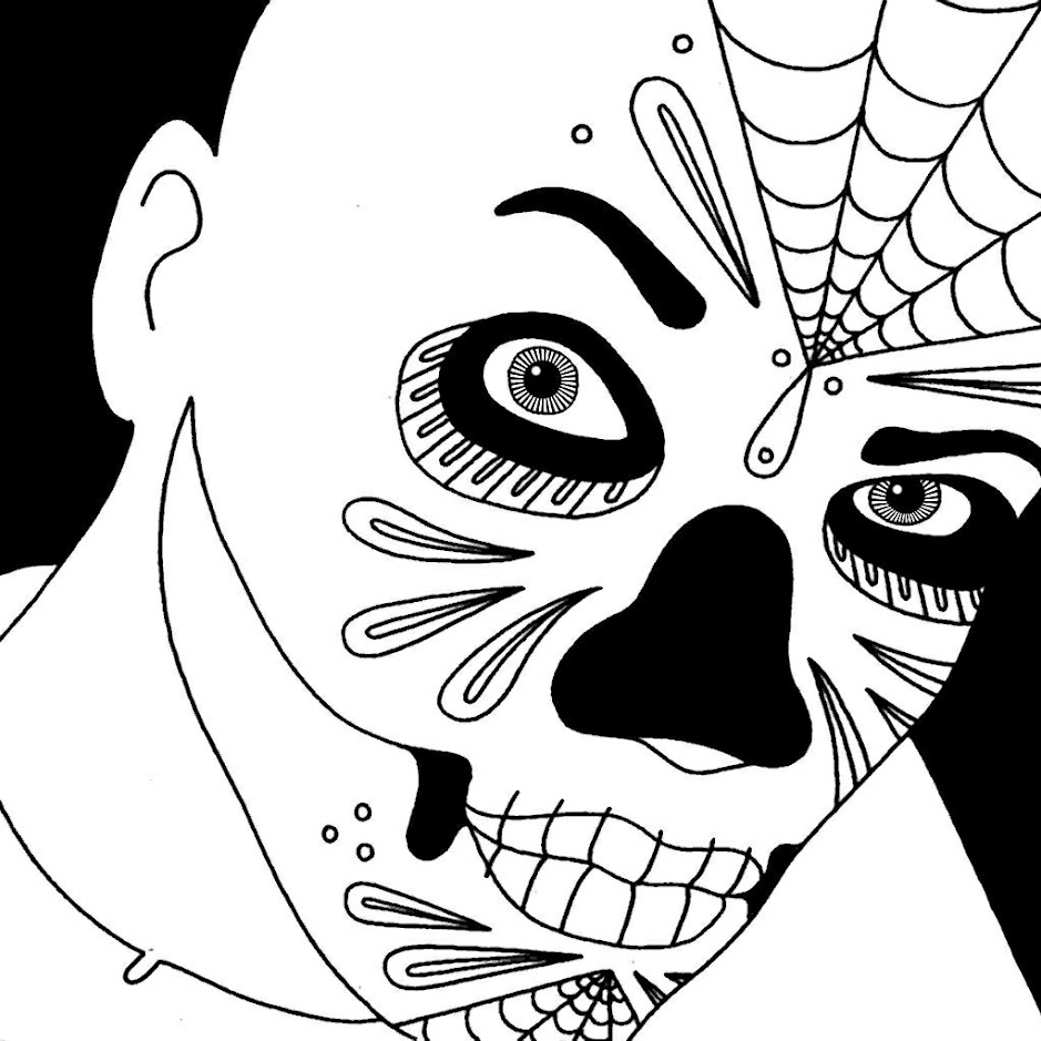 black-and-white line drawing of a man whose face is painted in the style of a sugar skull